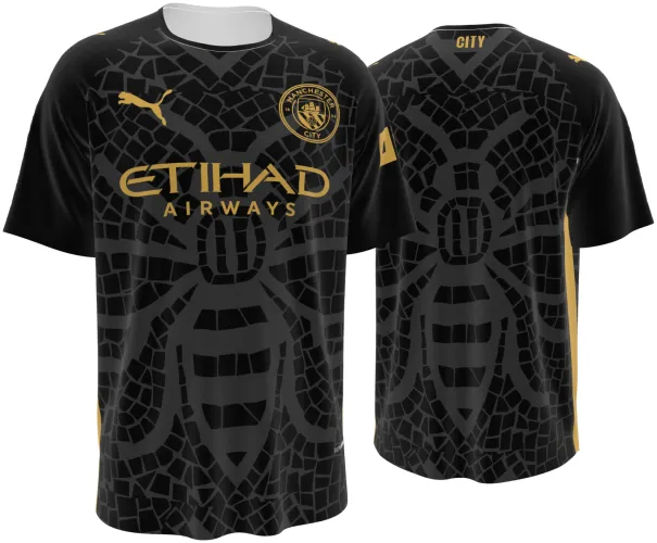 Camisa conceito do Manchester City 2026 preta com uma abelha grande em mosaico, frente e costas