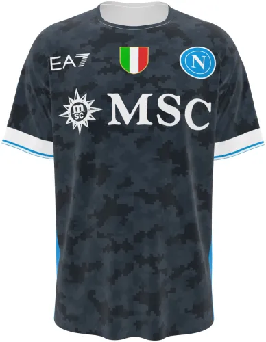 Camisa conceito do Napoli 2026 cinza com camuflagem digital, frente e costas