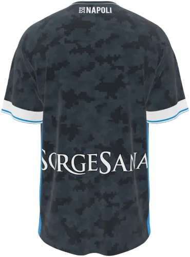 Camisa conceito do Napoli 2026 cinza com camuflagem digital, frente e costas