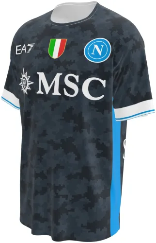 Camisa conceito do Napoli 2026 cinza com camuflagem digital, frente e costas