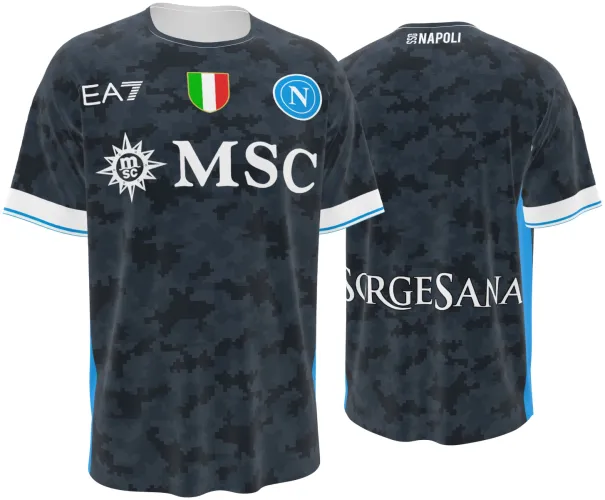 Camisa conceito do Napoli 2026 cinza com camuflagem digital, frente e costas
