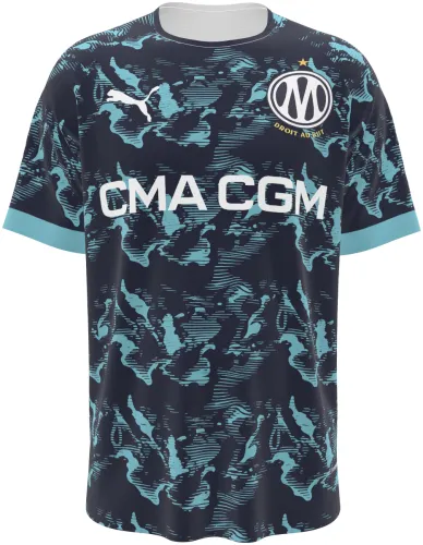Camisa visitante do Olympique de Marselha 2026 - 2027 azul-marinho com manchas turquesa, frente e costas