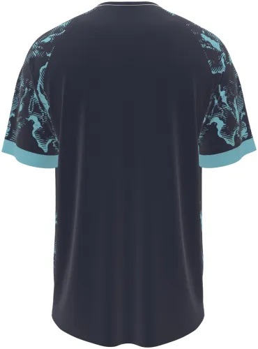Camisa visitante do Olympique de Marselha 2026 - 2027 azul-marinho com manchas turquesa, frente e costas