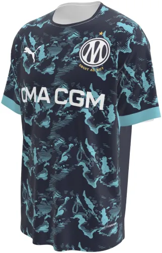 Camisa visitante do Olympique de Marselha 2026 - 2027 azul-marinho com manchas turquesa, frente e costas