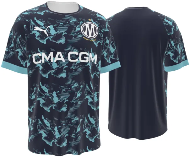 Camisa visitante do Olympique de Marselha 2026 - 2027 azul-marinho com manchas turquesa, frente e costas