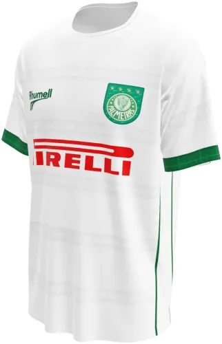 Camisa retrô visitante do Palmeiras 2001 branca com faixa vermelha no peito, frente e costas