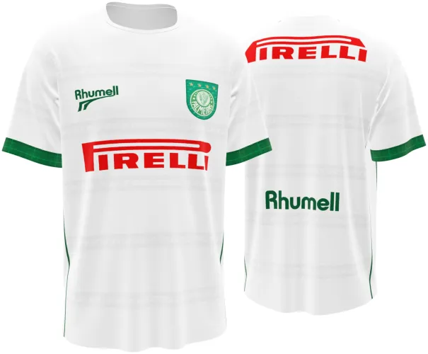 Camisa retrô visitante do Palmeiras 2001 branca com faixa vermelha no peito, frente e costas