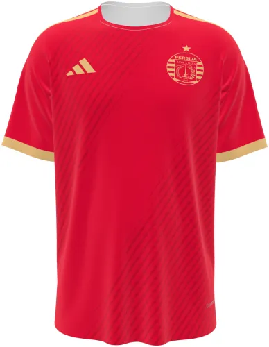 Camisa titular do Persija Jakarta 2026 - 2027 vermelha com ombro dourado, frente e costas