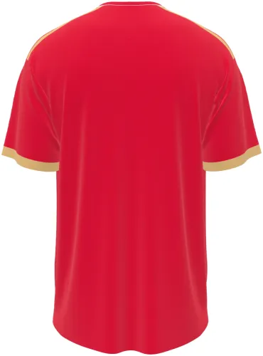 Camisa titular do Persija Jakarta 2026 - 2027 vermelha com ombro dourado, frente e costas