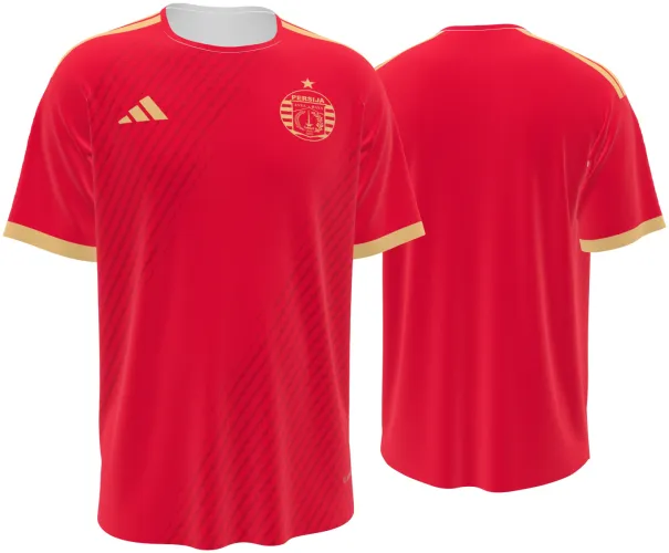 Camisa titular do Persija Jakarta 2026 - 2027 vermelha com ombro dourado, frente e costas