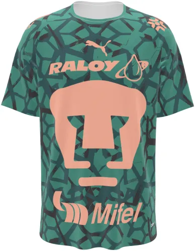 Camisa de goleiro do Pumas UNAM 2026 - 2027 verde com a cara do puma em rosa, frente e costas