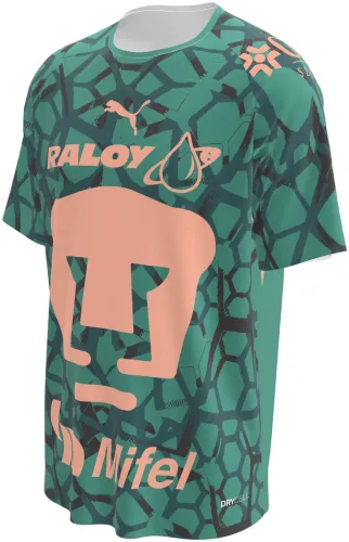 Camisa de goleiro do Pumas UNAM 2026 - 2027 verde com a cara do puma em rosa, frente e costas