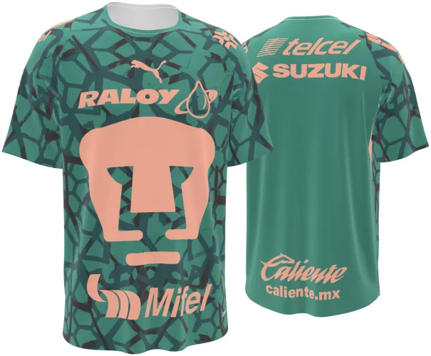 Camisa de goleiro do Pumas UNAM 2026 - 2027 verde com a cara do puma em rosa, frente e costas