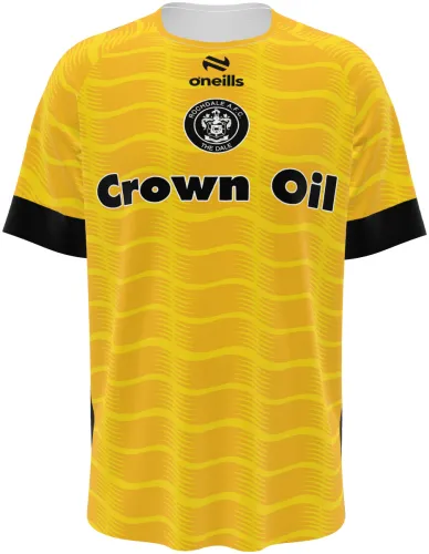 Camisa terceiro uniforme do Rochdale AFC 2026 - 2027 amarela com ondas tom sobre tom, frente e costas