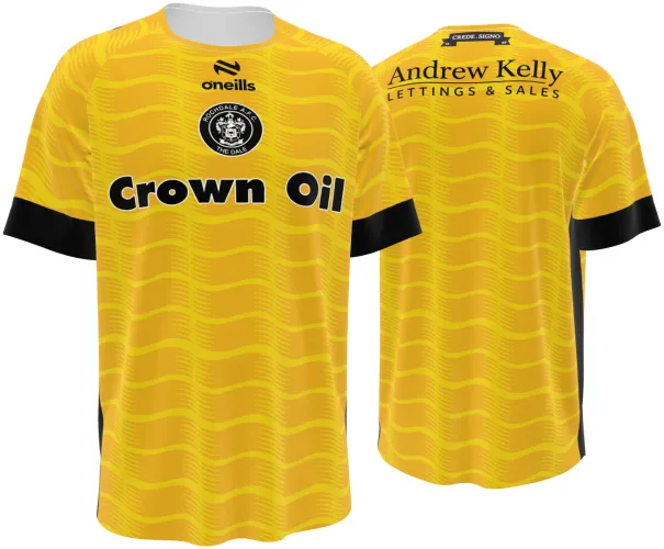 Camisa terceiro uniforme do Rochdale AFC 2026 - 2027 amarela com ondas tom sobre tom, frente e costas