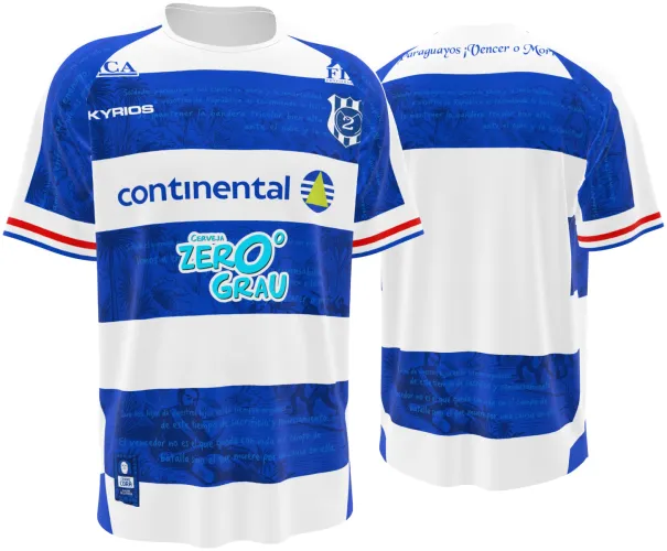 Camisa titular do Sportivo 2 de Mayo 2026 com faixas azuis e brancas e texto impresso, frente e costas
