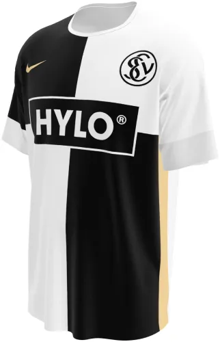 Camisa titular do SV Elversberg 2026 - 2027 em quatro quadrantes preto e branco, frente e costas