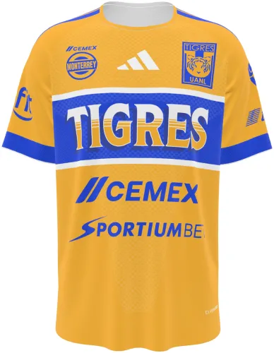 Camisa titular do Tigres UANL 2026 - 2027 amarela com bloco azul no peito, frente e costas
