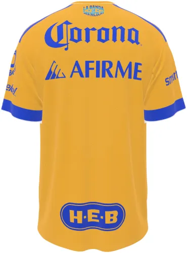Camisa titular do Tigres UANL 2026 - 2027 amarela com bloco azul no peito, frente e costas