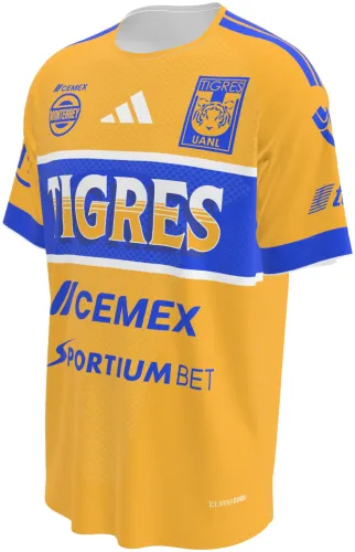 Camisa titular do Tigres UANL 2026 - 2027 amarela com bloco azul no peito, frente e costas