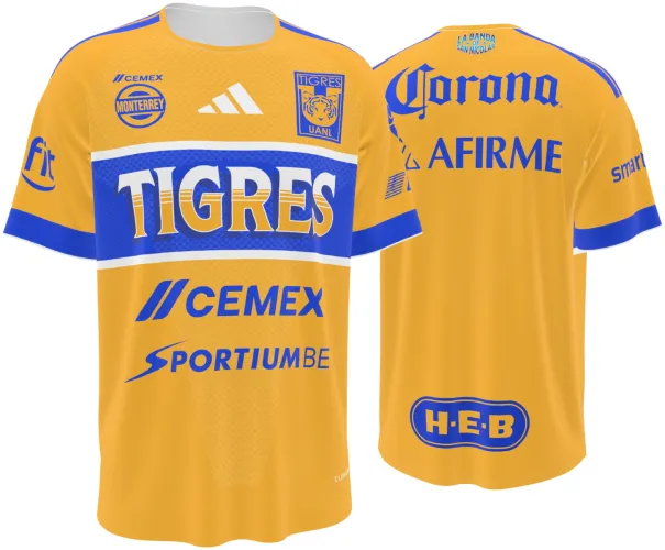 Camisa titular do Tigres UANL 2026 - 2027 amarela com bloco azul no peito, frente e costas