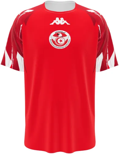 Camisa visitante da Tunísia 2026 vermelha com cunhas brancas nos ombros, frente e costas