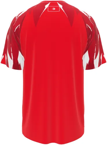 Camisa visitante da Tunísia 2026 vermelha com cunhas brancas nos ombros, frente e costas