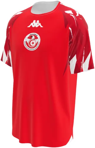 Camisa visitante da Tunísia 2026 vermelha com cunhas brancas nos ombros, frente e costas