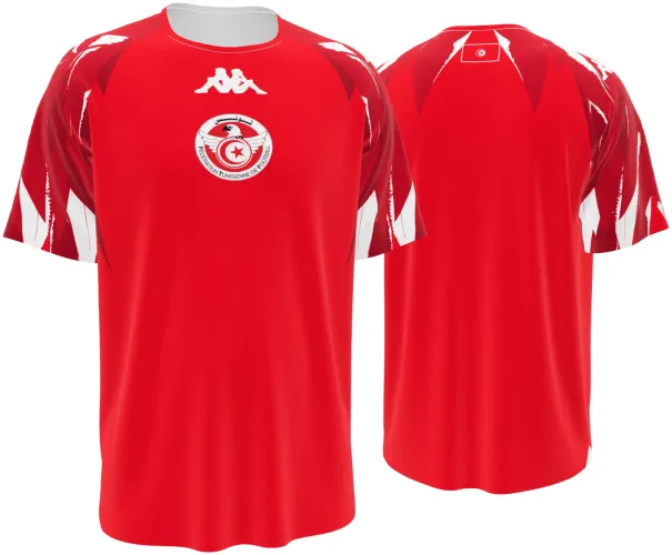 Camisa visitante da Tunísia 2026 vermelha com cunhas brancas nos ombros, frente e costas