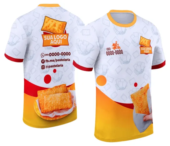 Foto da camisa com logo no peito e estampa grande nas costas mostrando o desenho de um mestre do pastel em estilo vibrante e divertido, destacando a identidade única do tema pastelaria.