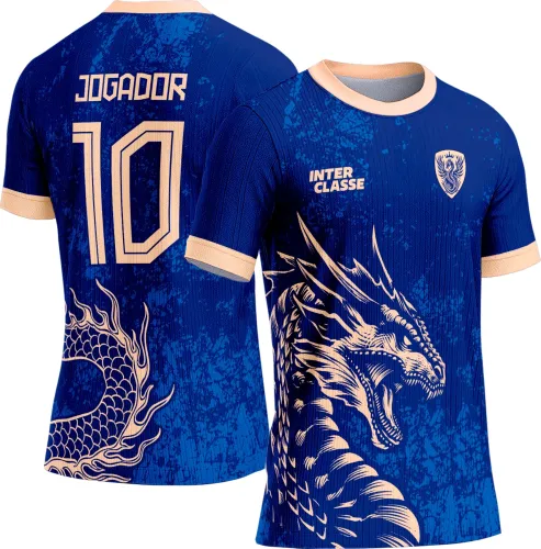 Camisa azul com dragão oriental dourado na frente, texto INTER CLASSE e escudo no peito, gola e punhos em dourado; costas com nome JOGADOR, número 10 e cauda do dragão em dourado.