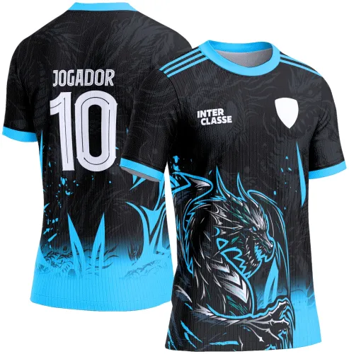 Camisa preta com degrade azul claro na base, dragão branco e azul na frente, texto INTER CLASSE e escudo branco no peito, costas com número 10 e nome JOGADOR em branco.