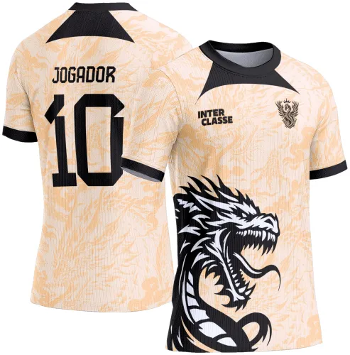 Camisa com arte de dragão preto grande na frente direita sobre fundo bege com padrão claro, textos 'INTER CLASSE', escudo preto no peito, costas com número 10 e nome JOGADOR, gola e punhos pretos.