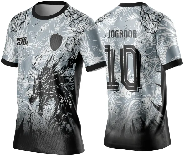 Camisa com estampa de dragão negro em fundo cinza com degradê para preto na frente, escudo preto no peito e texto INTER CLASSE. Costas com padrão de dragões, nome JOGADOR e número 10 em preto. Mangas e gola pretas contrastantes.