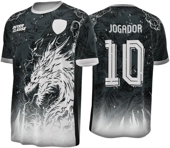 Camisa com dragão branco estilizado em degradê cinza e preto na frente, texto INTER CLASSE e escudo branco; costas com grande número 10 e texto JOGADOR em branco sobre fundo preto e cinza