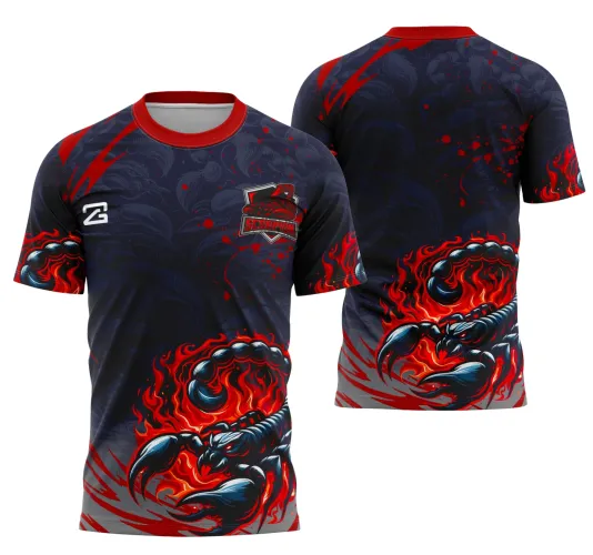 Camisa com escorpião em chamas vermelhas e azuis na frente e costas, fundo escuro com padrão de escorpião, logo 'SCORPIONS' e textos 'INTERCLASSE', 'JOGADOR' e número 2. Gola e detalhes em vermelho vibrante.
