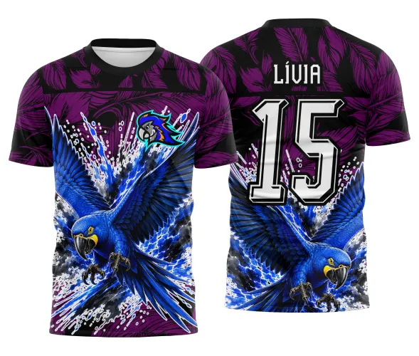 Arte de camiseta interclasse com arara em voo e identidade exclusiva Arte Autoral Doces Desenhos