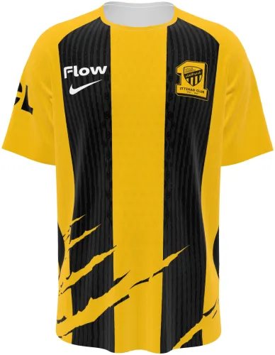 Camisa titular do Al-Ittihad FC 2026 - 2027 amarela e preta listrada com garras, frente e costas