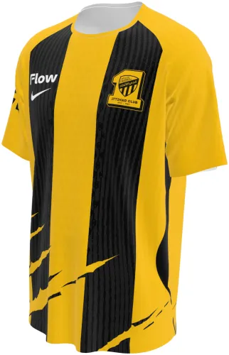 Camisa titular do Al-Ittihad FC 2026 - 2027 amarela e preta listrada com garras, frente e costas