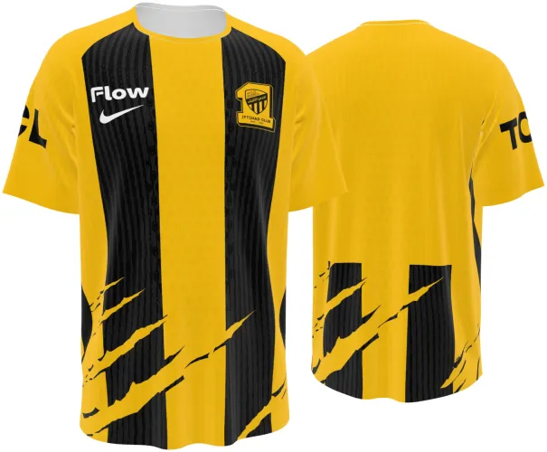 Camisa titular do Al-Ittihad FC 2026 - 2027 amarela e preta listrada com garras, frente e costas