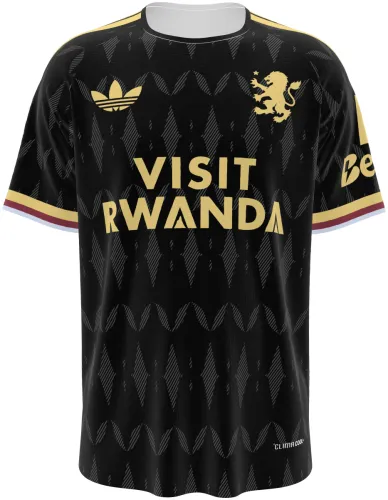 Camisa visitante do Aston Villa 2026 - 2027 preta com losangos e leão dourado, frente e costas