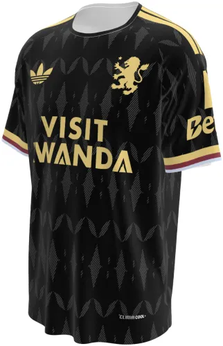 Camisa visitante do Aston Villa 2026 - 2027 preta com losangos e leão dourado, frente e costas