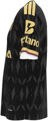 Camisa visitante do Aston Villa 2026 - 2027 preta com losangos e leão dourado, frente e costas