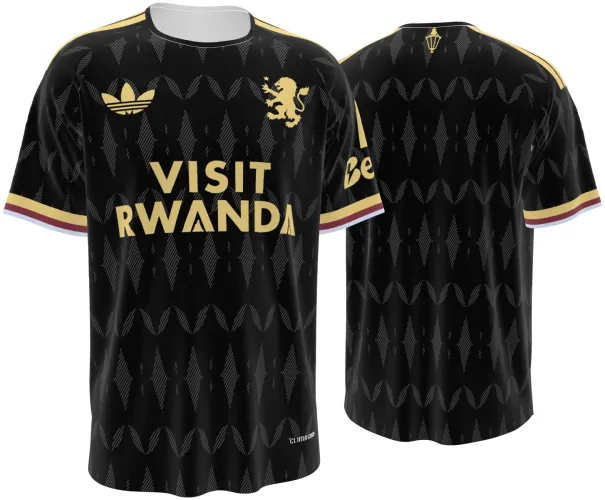 Camisa visitante do Aston Villa 2026 - 2027 preta com losangos e leão dourado, frente e costas