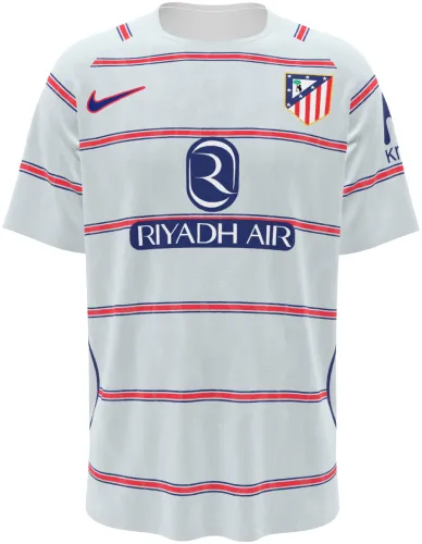 Camisa terceiro uniforme do Atlético de Madrid 2026 - 2027 branca com filetes vermelhos e azuis, frente e costas