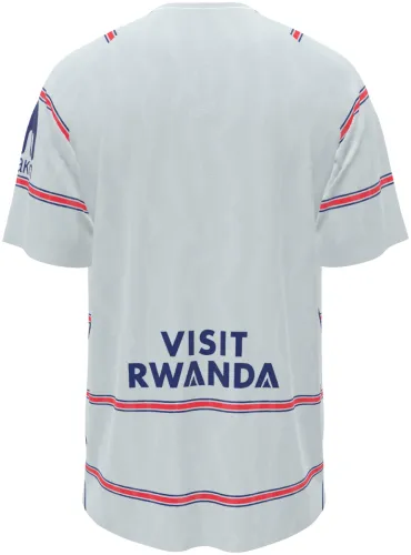 Camisa terceiro uniforme do Atlético de Madrid 2026 - 2027 branca com filetes vermelhos e azuis, frente e costas