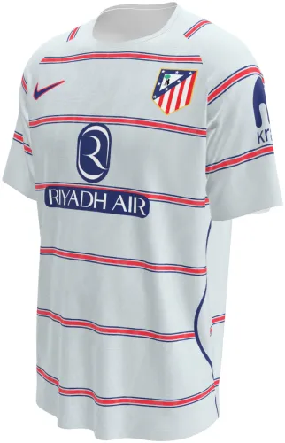 Camisa terceiro uniforme do Atlético de Madrid 2026 - 2027 branca com filetes vermelhos e azuis, frente e costas