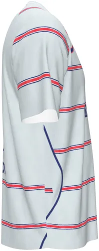 Camisa terceiro uniforme do Atlético de Madrid 2026 - 2027 branca com filetes vermelhos e azuis, frente e costas