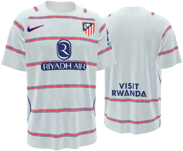 Camisa terceiro uniforme do Atlético de Madrid 2026 - 2027 branca com filetes vermelhos e azuis, frente e costas
