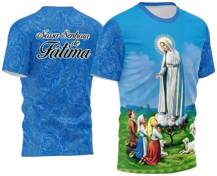 Arte Estampa Camisa Azul Religião Nossa Senhora de Fátima 2024